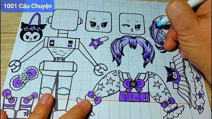 Vẽ sticker Búp bê giấy biến hình Kuromi phiên bản Robot miễn phí-Người máy  bằng giấy tập cute