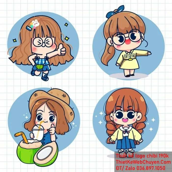 LOGO CHIBI BÉ GÁI ( NỮ) làm 190K, cute tóc ngắn dài hoạt hình dễ thương