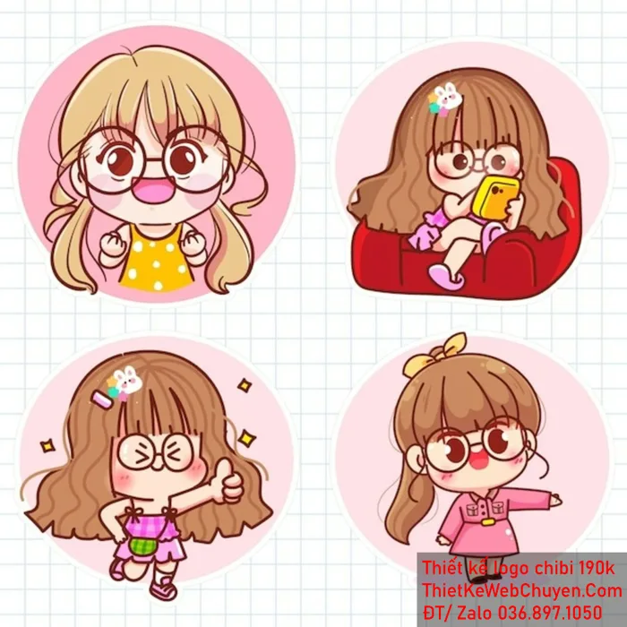 LOGO CHIBI BÉ GÁI ( NỮ) làm 190K, cute tóc ngắn dài hoạt hình dễ thương