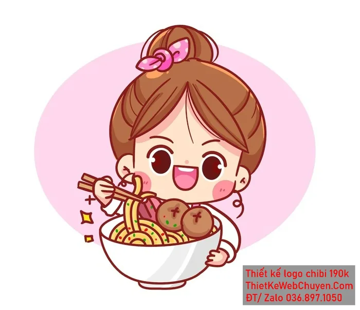 Vẽ chibi bé gái áo trắng tóc nâu búi cao ăn mì với biểu cảm vui