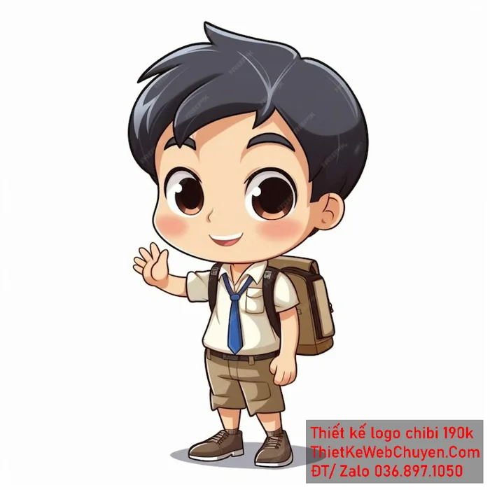 chibi bé trai mặc áo trắng, tóc đen, hành động vẫy tay