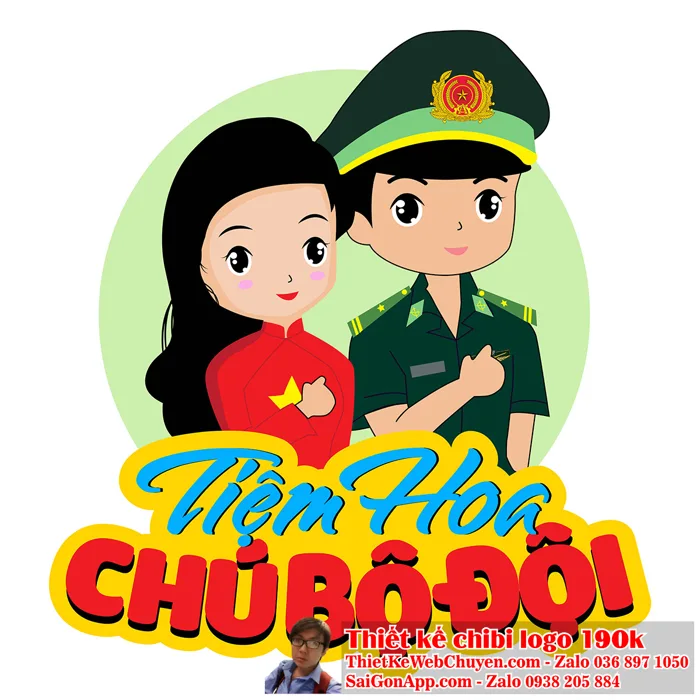 Vẽ chibi chú bộ đội và chibi cô giáo để thiết kế logo
