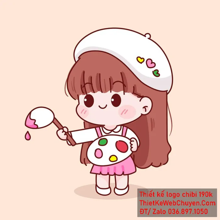 chibi bé gái họa sĩ áo hồng, tóc nâu, hành động cầm bảng màu và cọ vẽ