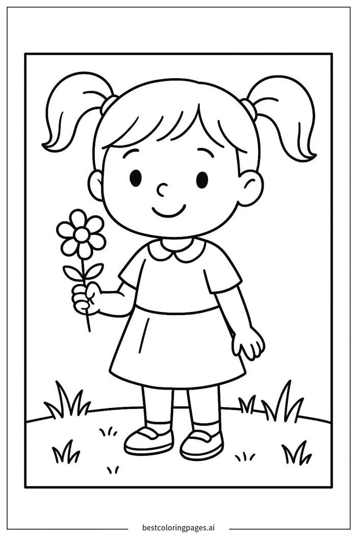 Tranh tô màu Bé gái hái hoa | BestColoringPages AI