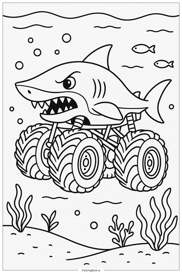 Trang Tô Màu Xe tải quái vật Cá Mập Megalodon dưới nước (Có thể In Miễn Phí  dưới định dạng PDF & PNG)