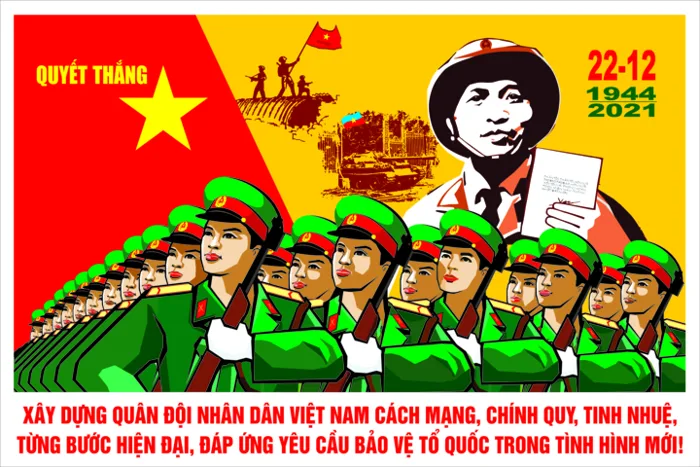 Mẫu tranh và khẩu hiệu tuyên truyền Kỷ niệm 77 năm ngày thành lập Quân đội  nhân dân Việt Nam (22/12/1944 - 22/12/2021) và 32 năm ngày hội Quốc phòng  toàn dân (22/12/1989 - 22/12/2021)