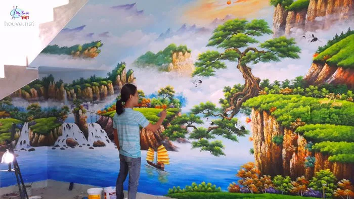 vẽ tranh tường 3d - Phong cảnh sơn thủy. (Nhận dạy vẽ, Thi công vẽ tranh  tường ĐT: 0969.033.288).
