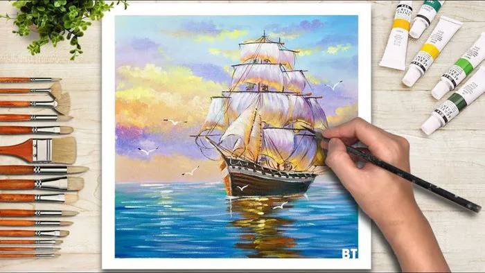 Vẽ Tranh Phong Cảnh Bằng Màu Acrylic #13/Thuyền Và Biển/Acrylic Landscape Painting/ BT Art Vẽ Tranh Phong Cảnh Bằng Màu Acrylic #13/Thuyền Và Biển/Acrylic Landscape Painting/ BT Art