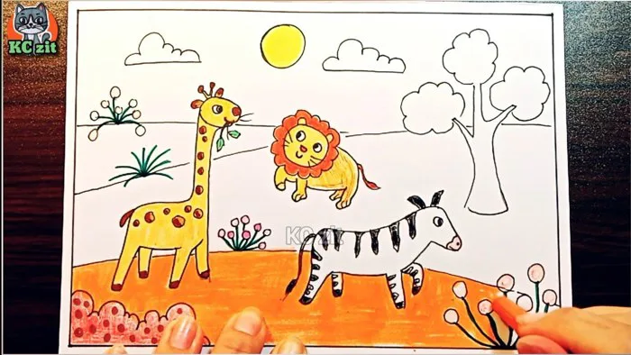 vẽ động vật hoang dã ở châu phi - mĩ thuật lớp 5 - vẽ khu rừng thân thiện -  vẽ hươu, sư tử, ngựa vằn