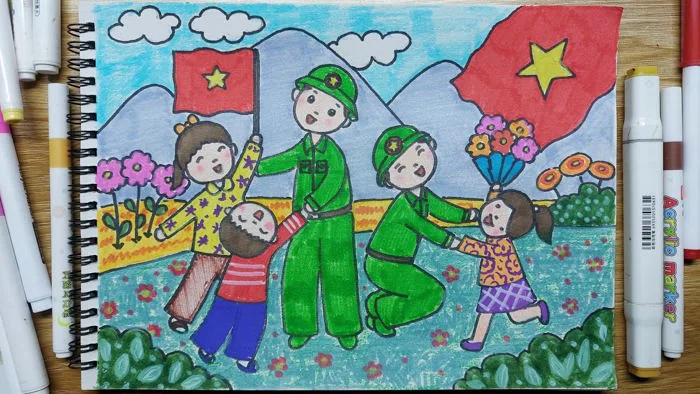 Vẽ tranh em yêu tổ quốc Việt Nam | Vẽ chú bộ đội và các em thiếu nhi #bodoi  #bodoicuho #vetranh