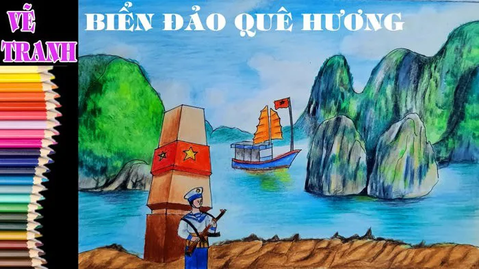 Vẽ tranh Biển Đảo Quê Hương em đơn giãn bằng bút chì màu
