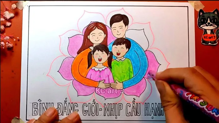 vẽ gia đình hạnh phúc - bình đẳng giới | vẽ ước mơ gia đình không bạo lực |  Tranh áp phích - cổ động