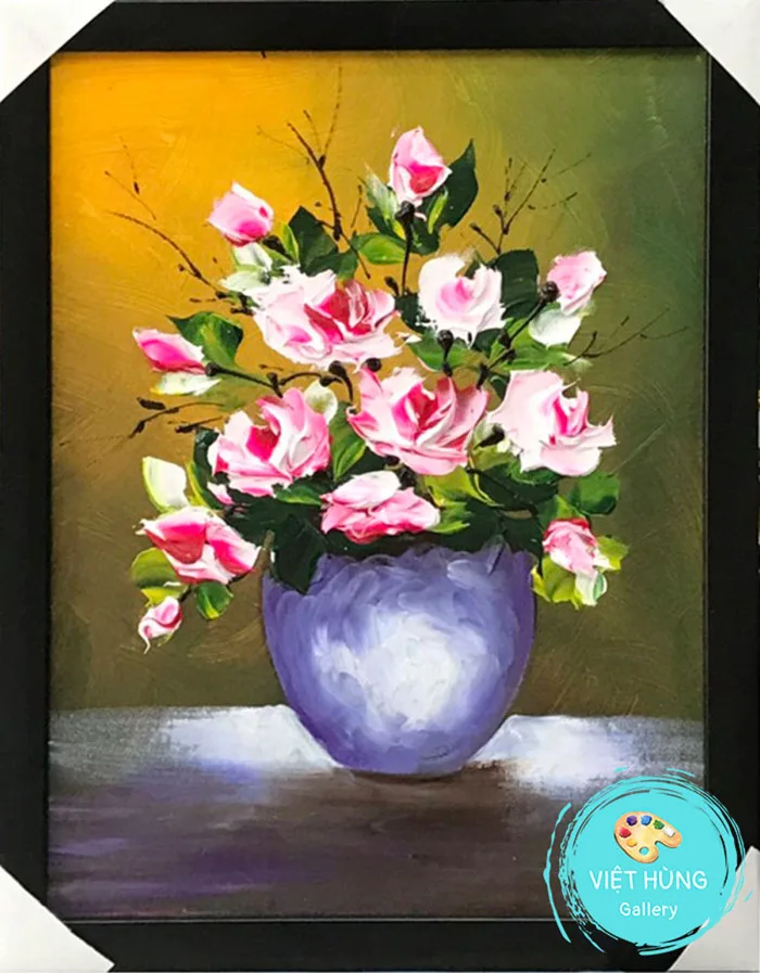 Tranh bình hoa hồng khổ dọc VH118 - Việt Hùng Gallery - Chuyên vẽ Tranh SƠN  DẦU CAO CẤP HIỆN ĐẠI