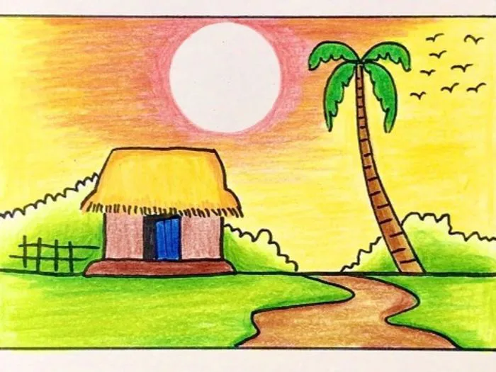 Cách vẽ tranh phong cảnh quê hương đơn giản, đẹp kèm tranh mẫu gợi ý