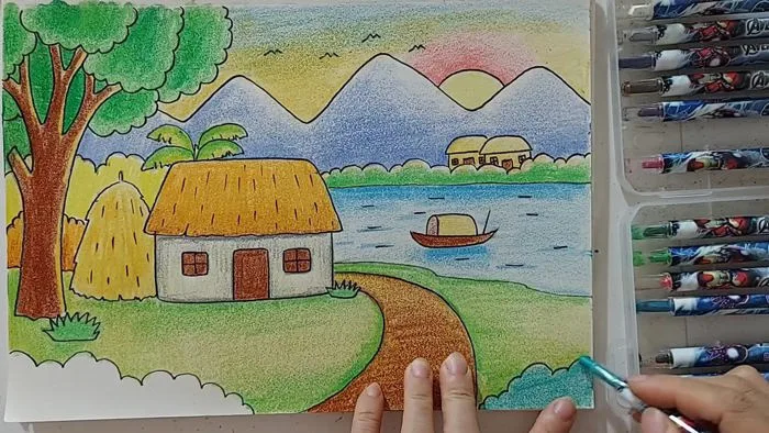 Hướng dẫn vẽ tranh phong cảnh Làng quê đơn giản