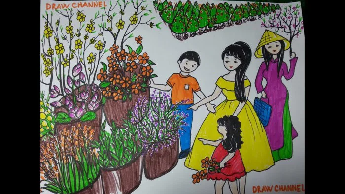 Vẽ chợ hoa ngày tết/ Vẽ chợ tết tươi vui tràn đầy sắc xuân
