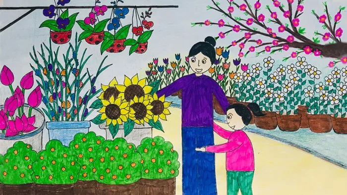 Vẽ tranh ngày tết | Vẽ tranh chợ hoa tết | Vẽ tranh mẹ của em