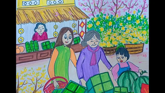 VẼ TRANH ĐI CHỢ TẾT | vẽ tranh chủ đề ngày Tết quê em #drawing #newyear