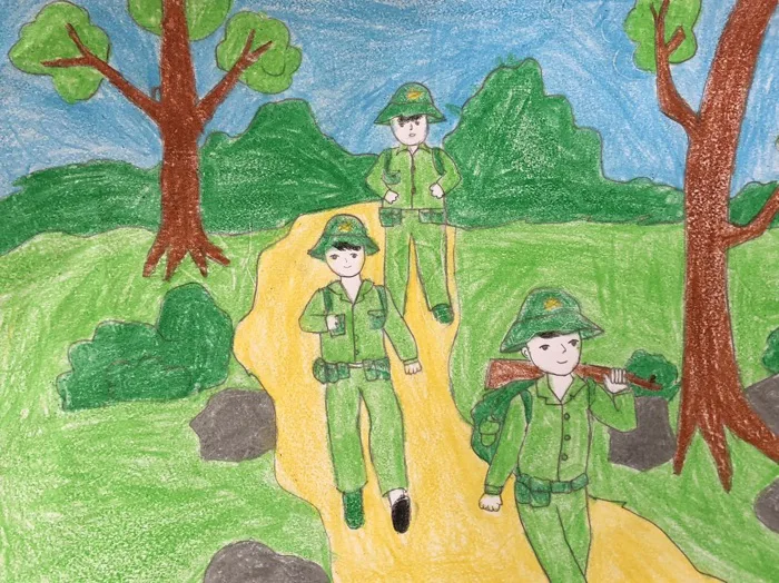 Hoạt động trải nghiệm vẽ tranh với chủ đề “Chú bộ đội của em” của lớp 2A1