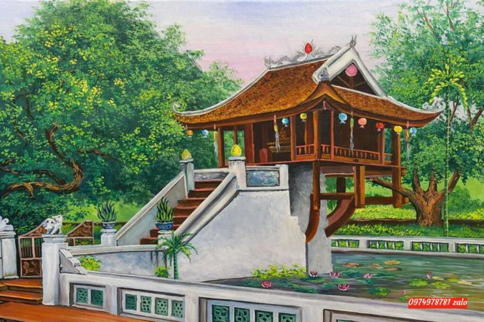 Tranh chủa một cột, tranh sơn dầu chùa một cột - Tranh Sơn Dầu Hoa Sen