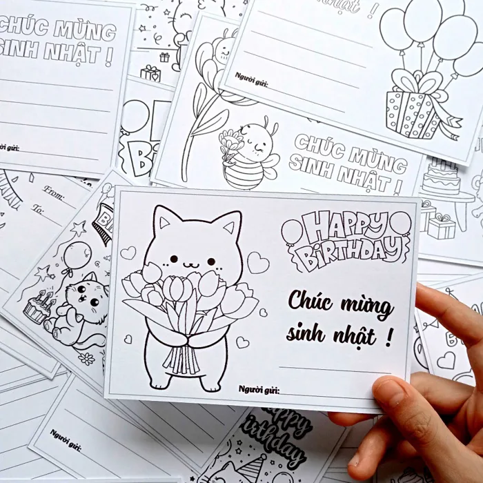 Set 8 Thiệp Tô Màu Chúc Mừng Sinh Nhật cho học sinh, tạo hoạt động ý nghĩa  trong lớp học