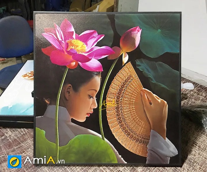 Bức tranh cô gái và hoa sen đẹp nghệ thuật trang trí - AmiA - Nội thất đẹp,  Giá rẻ tại Kho