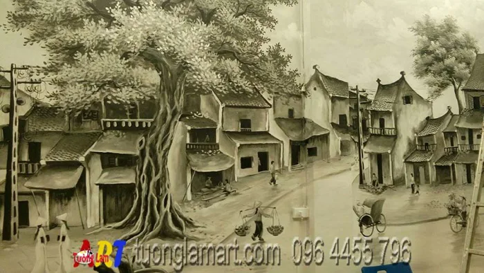 vẽ tranh tường phố cổ trắng đen - Tranh Sơn Dầu Vẽ Tay - Tranh Sơn Mài -  Tường Lam ART - 0964455796