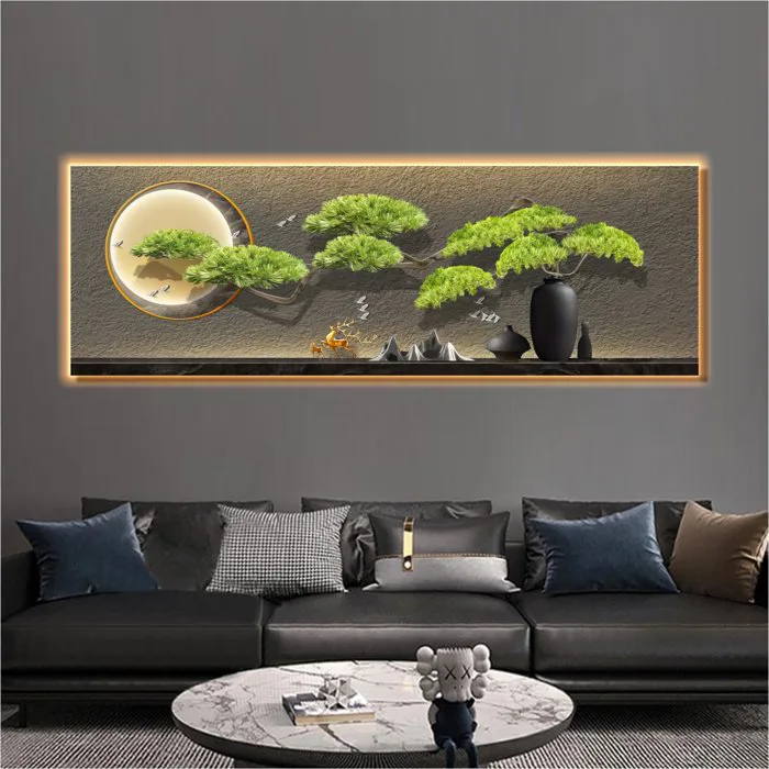 Tranh Đèn Led Tráng Gương Pha Lê Chậu Cây Bon Sai Nghệ Thuật