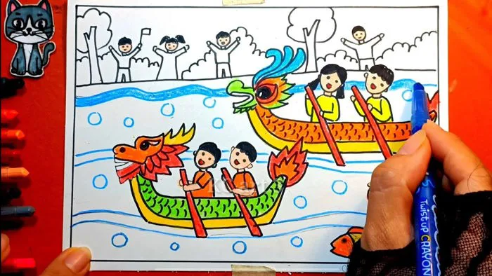 Vẽ lễ hội đua thuyền - hội xuân quê hương - vẽ theo hình thức ước lệ - yếu tố dân tộc trong tranh Vẽ lễ hội đua thuyền - hội xuân quê hương - vẽ theo hình thức ước lệ - yếu tố dân tộc trong tranh