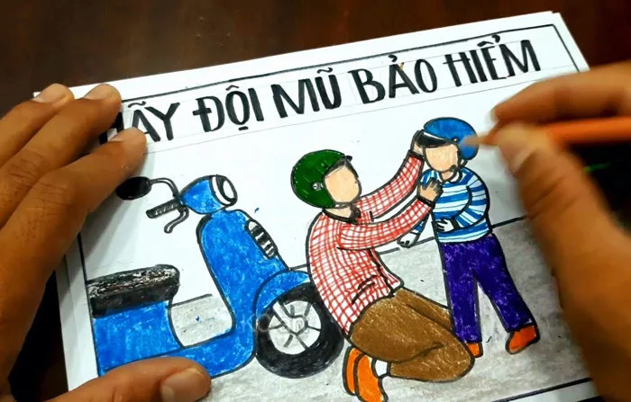 Vẽ tranh an toàn giao thông đội mũ bảo hiểm đơn giản và đẹp Vẽ tranh an toàn giao thông đội mũ bảo hiểm đơn giản và đẹp