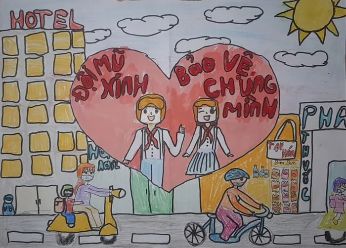 Vẽ tranh đội mũ xinh bảo vệ chúng mình Vẽ tranh đội mũ xinh bảo vệ chúng mình