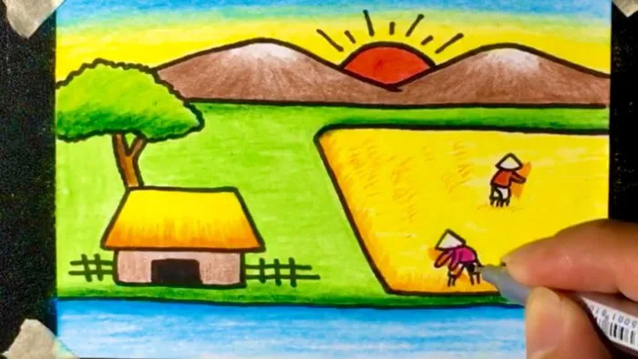 Cách vẽ tranh phong cảnh ĐƠN GIẢN với màu sáp | how to draw beautiful  scenery with crayon