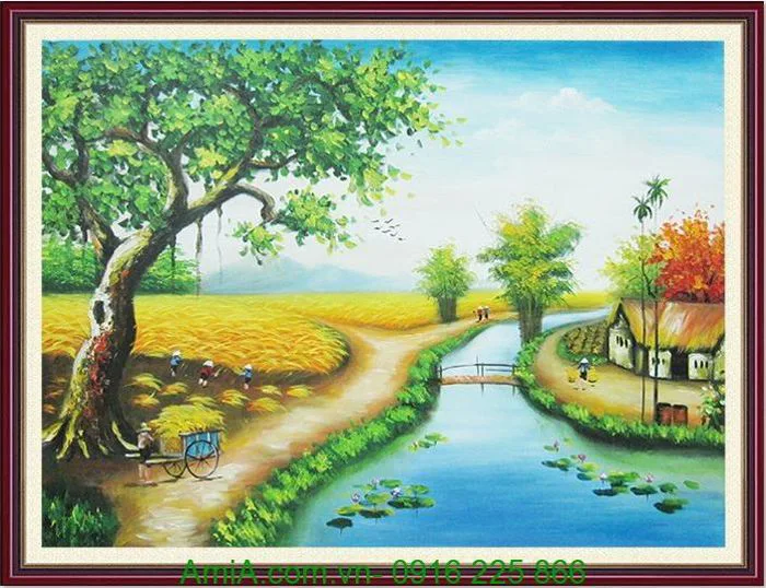Tranh phong cảnh đồng quê mùa lúa chín vẽ sơn dầu Amia 247