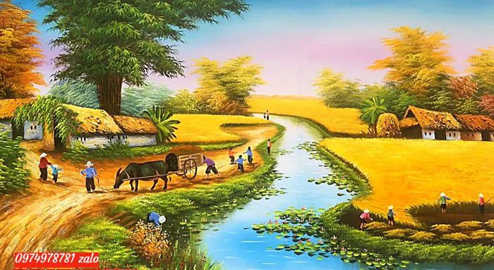 Tranh đồng quê mùa lúa chín tranh đồng quê đẹp - Tranh Sơn Dầu Hoa Sen