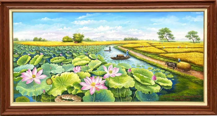 Tranh đồng quê sen – đồng lúa chín vàng – Tranh Nguyễn Minh