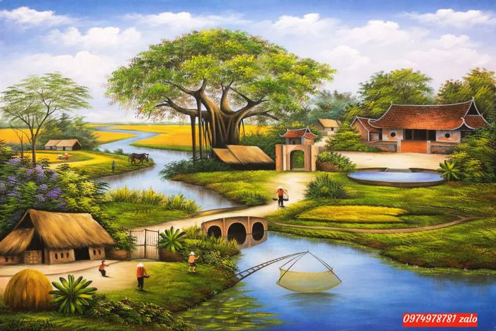 Tranh đồng quê việt nam, tranh sơn dầu đồng quê Pt23 - Tranh sơn dầu phong  thuỷ