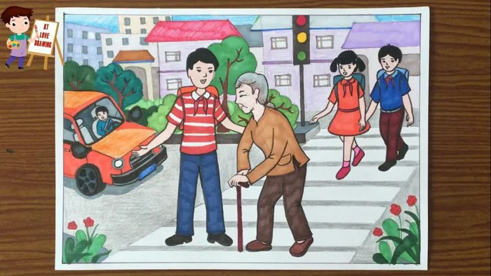 Vẽ tranh đề tài: An toàn giao thông - Giúp người già qua đường / Cách vẽ  tranh an toàn giao thông.