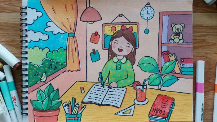 Vẽ tranh chủ đề học tập | Vẽ góc học tập #vetranhdongian #vetranhdep  #vetranh #drawing
