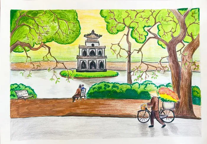 Vẽ tranh đề tài tự do | Vẽ hồ gươm đơn giản, Hồ gươm hà nội,