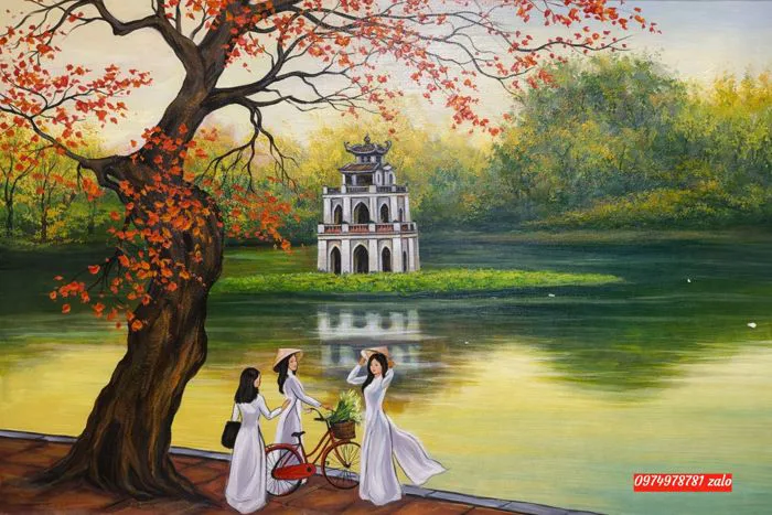 Tranh hồ gươm hà nội, tranh sơn dầu hồ gươm PT21 - Tranh sơn dầu phong thuỷ