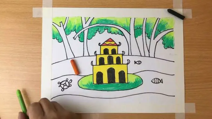Vẽ Hồ Gươm / Kỹ thuật vẽ sáp màu