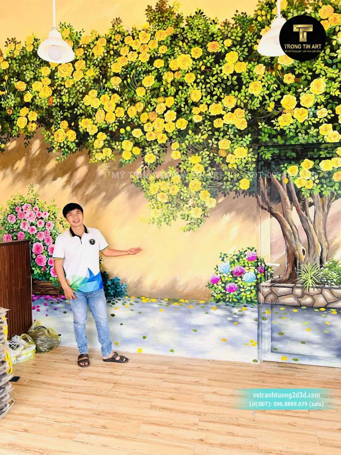 Vẽ Hoa Hồng - Vẽ Tranh Tường Hoa Hồng tạo không gian chekin