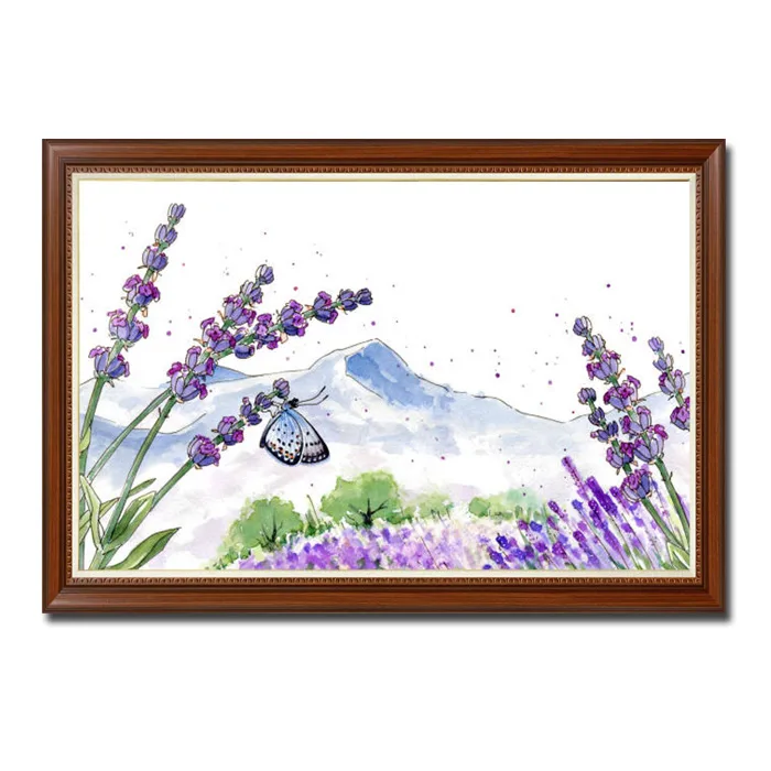 Tranh vẽ hoa lavender tím và phong cảnh núi non HOH013