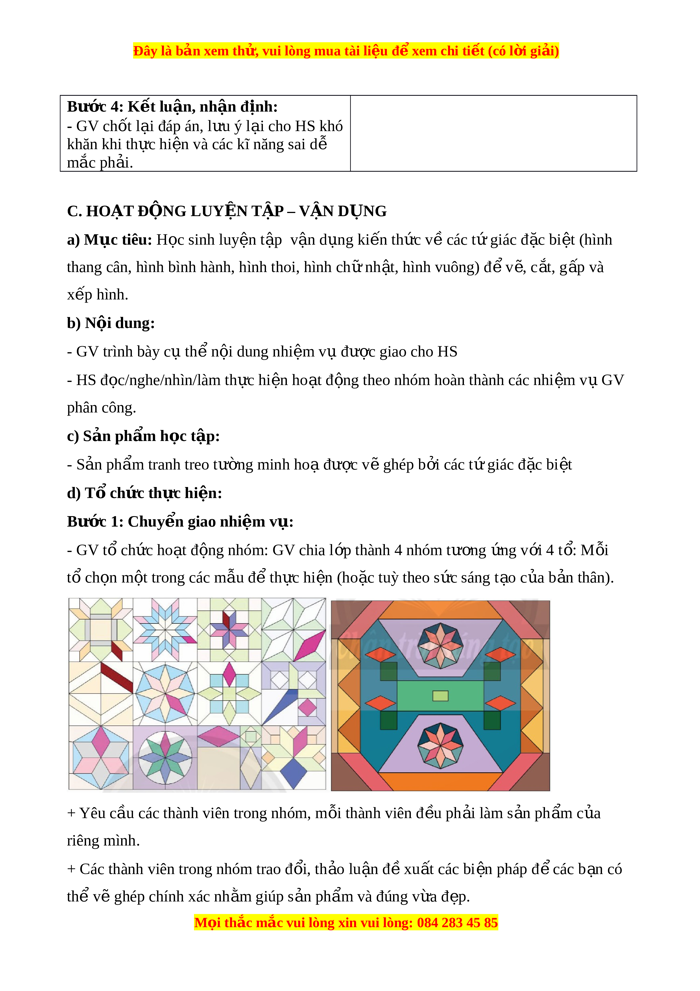 Giáo án Hoạt động 2: Làm tranh treo tường minh họa các loại hình tứ giác  đặc biệt Toán 8 Chân trời sáng tạo | DOCX