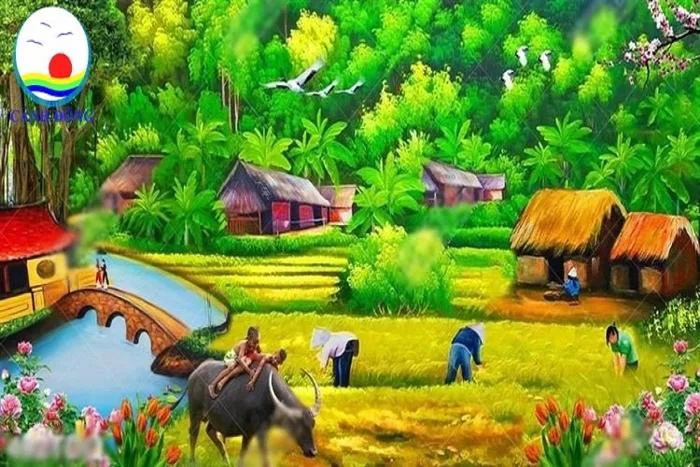 Tranh phong cảnh làng quê Việt Nam yên bình trang trí quán, nhà hàng, phòng  xinh ý nghĩa dán tường, kính, gỗ - in theo size yêu cầu trên nhiều chất ...