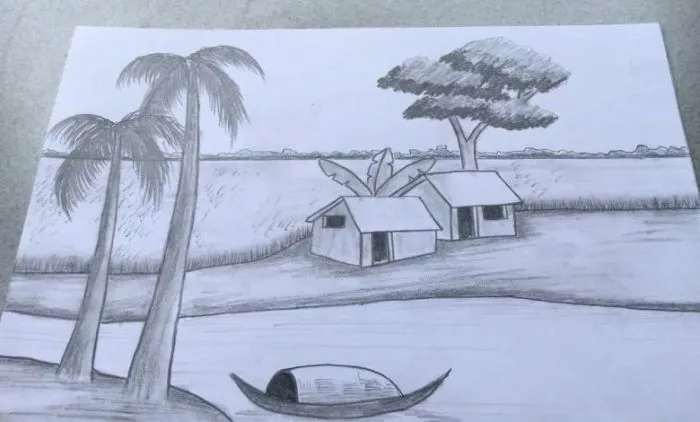 Tranh vẽ phong cảnh làng quê bằng bút chì đơn giản nhưng mang vẻ đẹp tinh  tế, đậm chất quê hương.