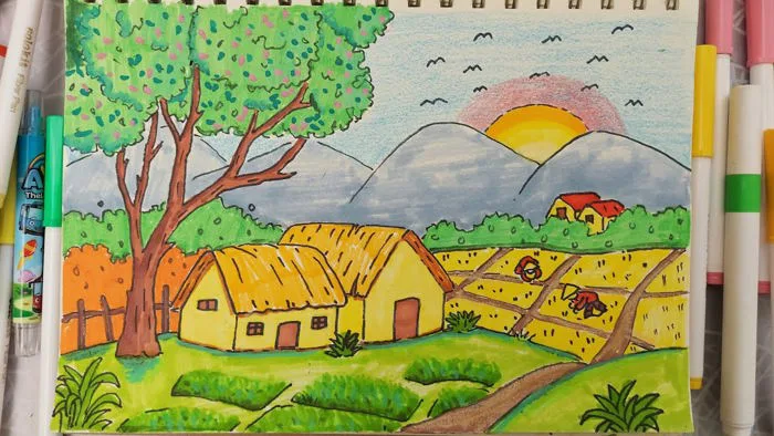 Vẽ tranh phong cảnh làng quê | Hướng dẫn vẽ và tô màu đơn giản #vetranh  #tranhphongcanh #drawing