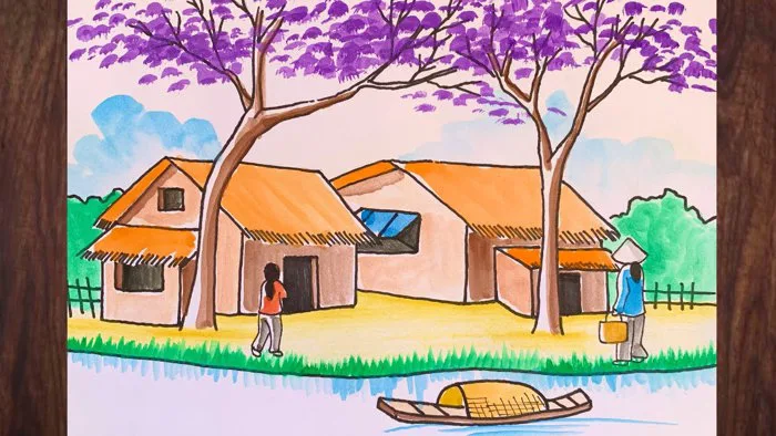 Vẽ ĐỀ TÀI LÀNG QUÊ YÊN BÌNH | how to draw village #vetranh
