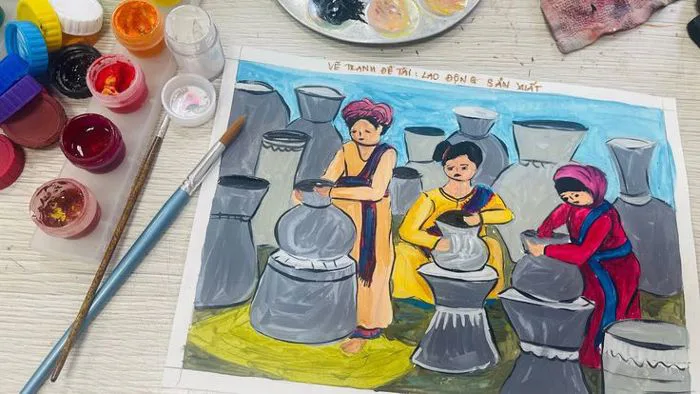 Vẽ tranh đề tài Lao động sản xuất | làng nghề làm Gốm dân tộc Chăm-Ninh  Thuận