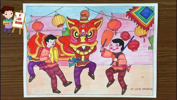 Vẽ tranh đề tài Lễ hội Múa lân | Hòa sắc trong tranh chủ đề lễ hội | Vẽ  tranh lễ hội quê hương